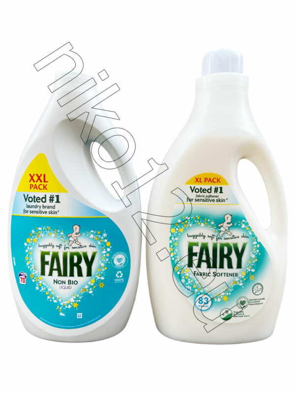 Fairy Non-Bio Liquid and Softener - Течен перилен препарат 70пр и Омекотител 83пр за бебета и хора с чувствителна кожа